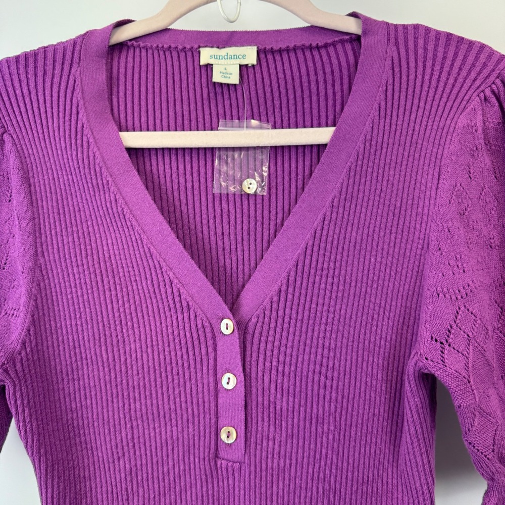 Sundance Purple Ribbed Henley Top Organic Cotton Pointelle Puff Sleeve Large New - Picture 8 of 13